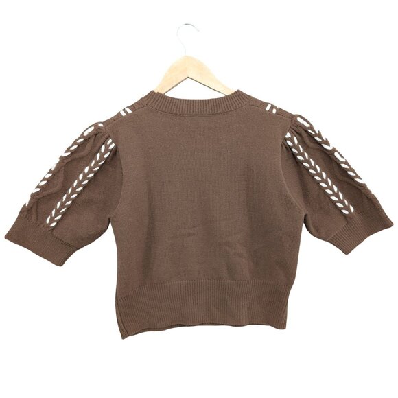 Commense Contrast Binding Cable Knit Sweater Womens Brown Cream 1/2 Sleeve Sz L - Picture 2 of 8